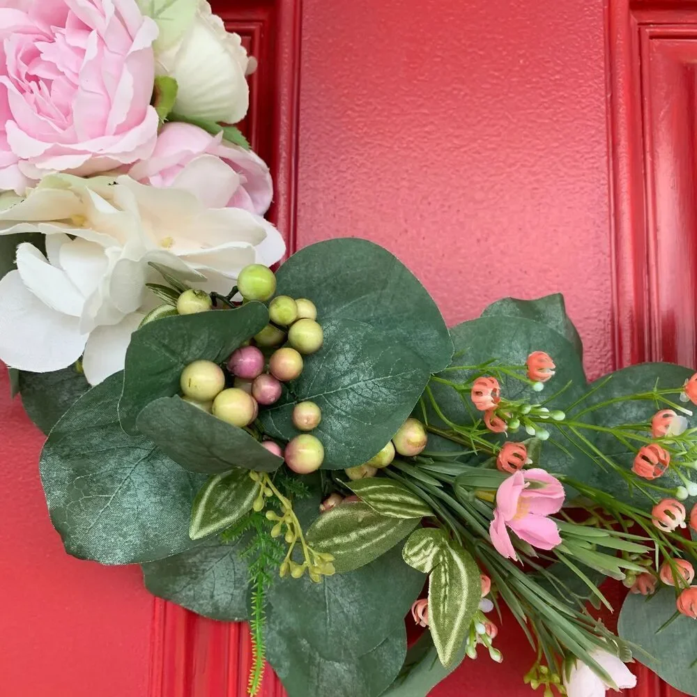 Floral Hoop Wreath: Pink Roses, Eucalyptus, Wood Beads - Boho Farmhouse Decor